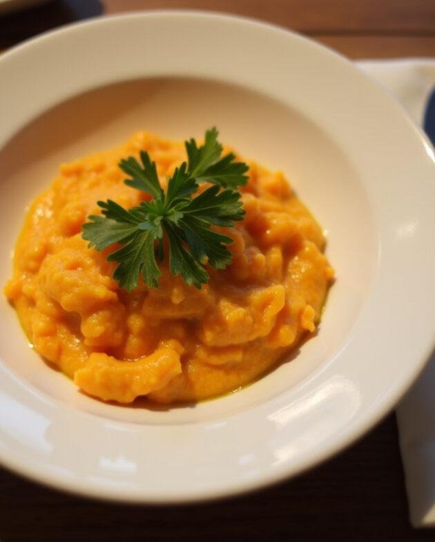 Purée de carottes et pommes de terre joliment présentée dans l'assiette, prête à être dégustée.
