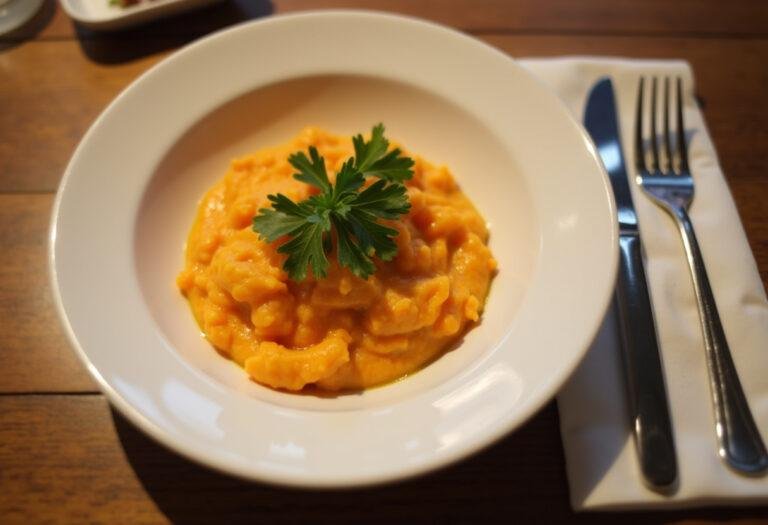 Purée de carottes et pommes de terre joliment présentée dans l'assiette, prête à être dégustée.