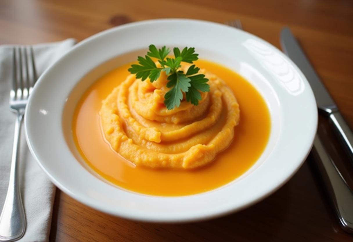 Purée de carottes et pommes de terre joliment présentée dans l'assiette, prête à être dégustée.