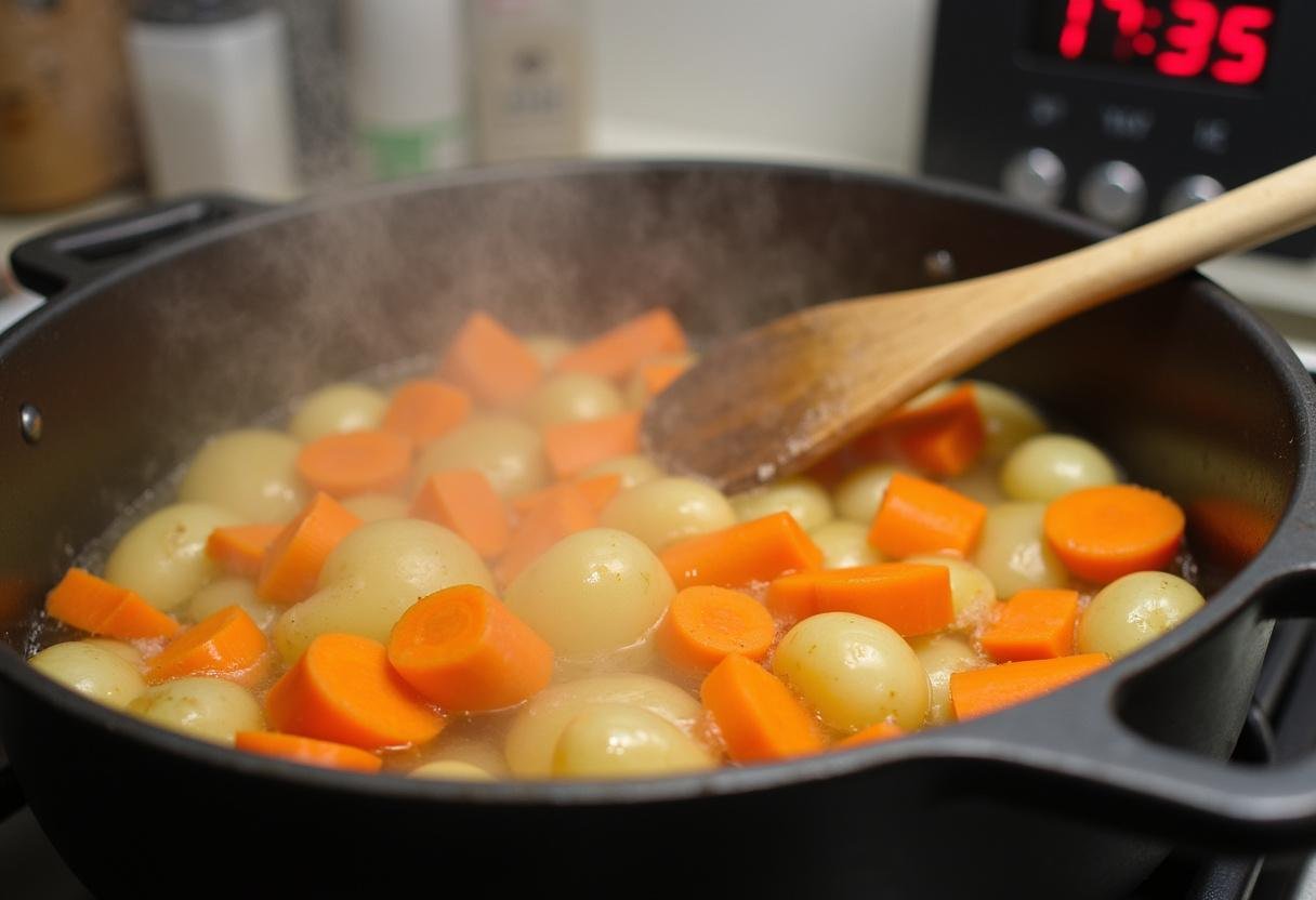 Préparation de la purée de carottes et pommes de terre avec des légumes épluchés et coupés en morceaux dans une casserole.