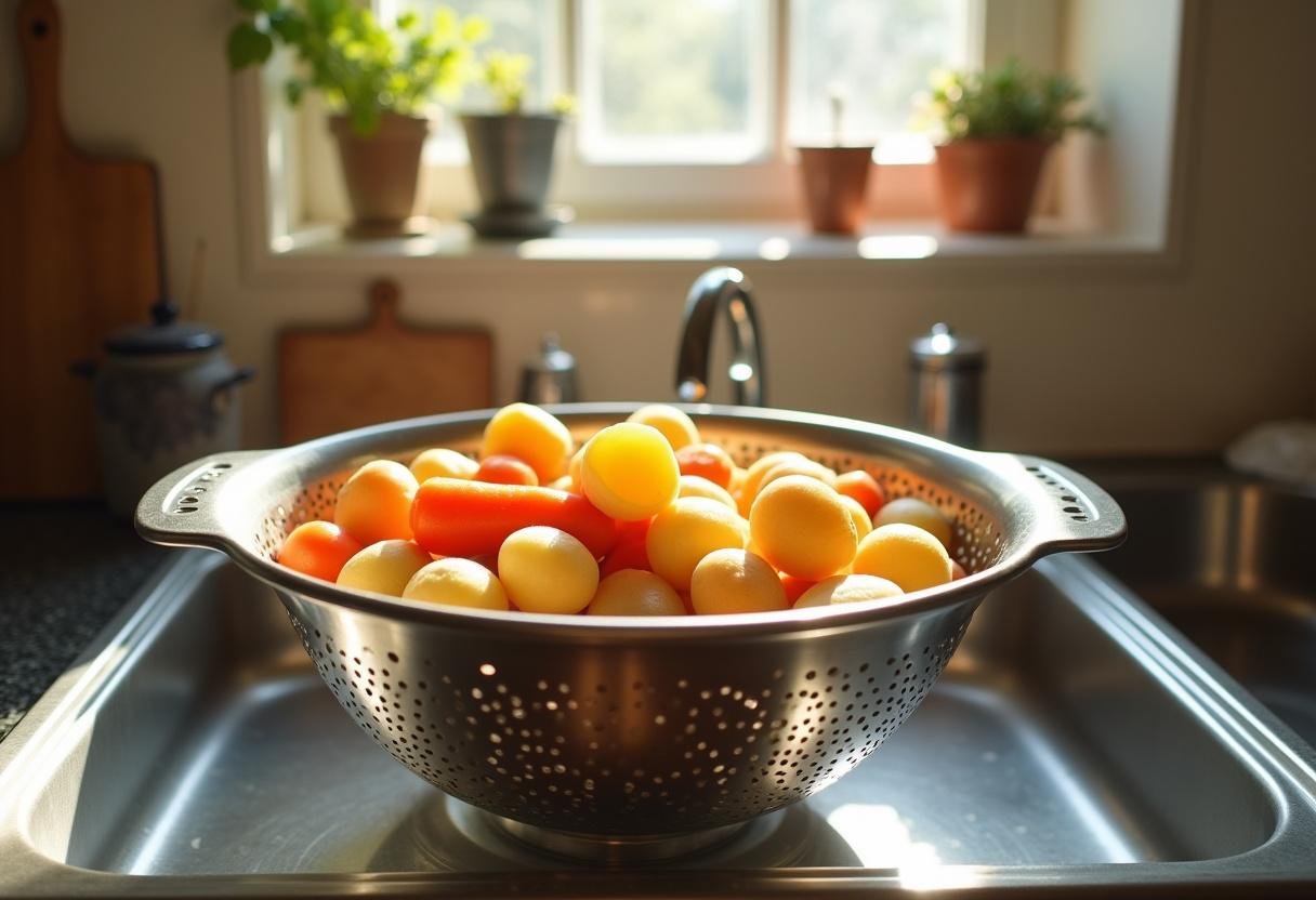 Egouttage des légumes pour la purée carottes pomme de terre dans une passoire dans l'évier.
