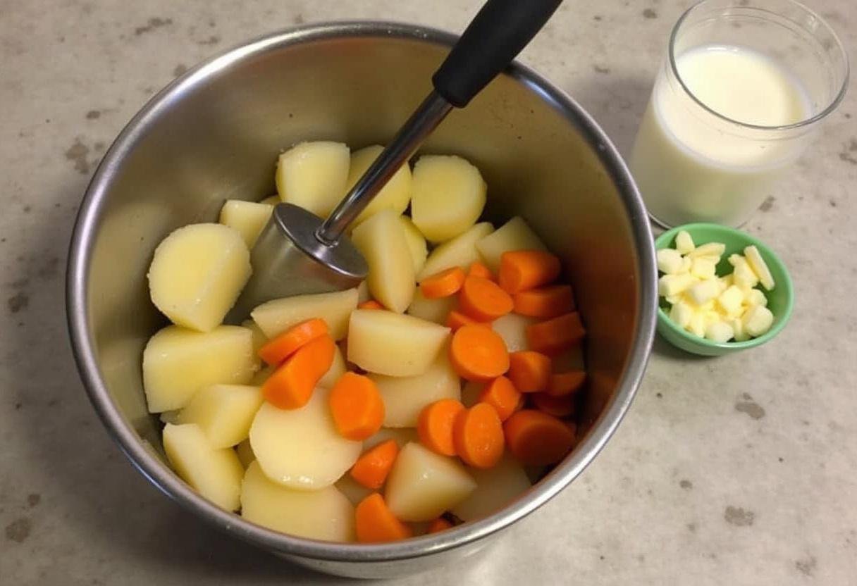 Mélange de pommes de terre et carottes dans un bol pour préparer la purée onctueuse avec du beurre et du lait.
