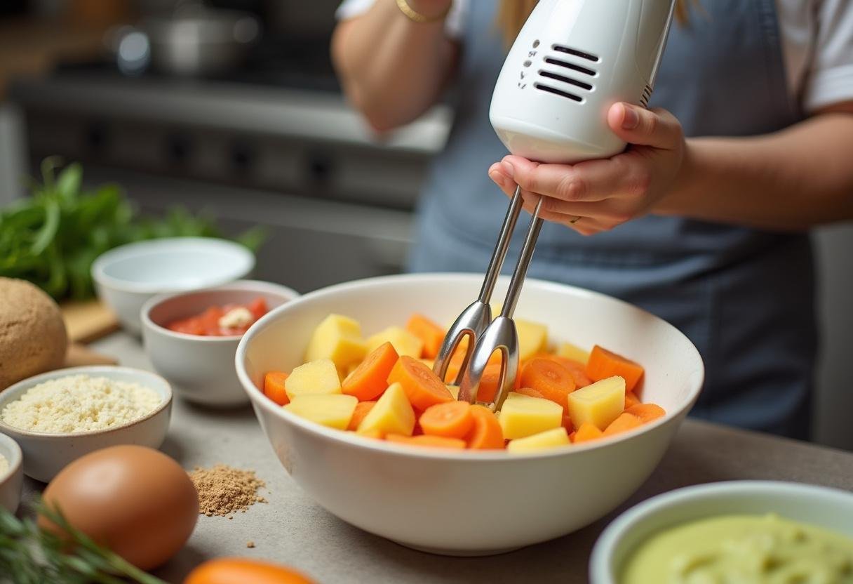 Mélange de la purée de carottes et pommes de terre avec un mixeur à main pour obtenir une consistance lisse.