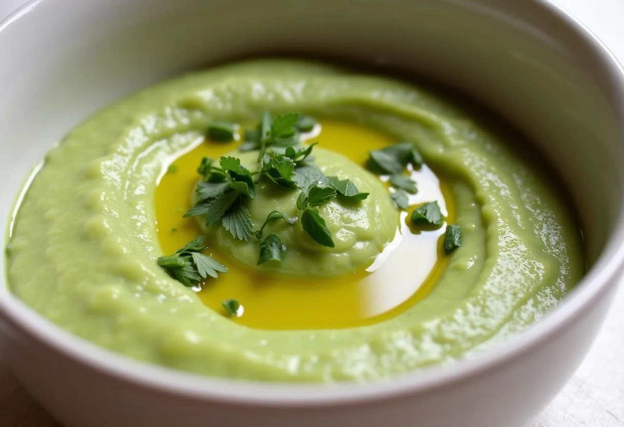 Purée de pois cassés au Cookeo présentée dans un bol, garnie d'huile d'olive et d'herbes fraîches.