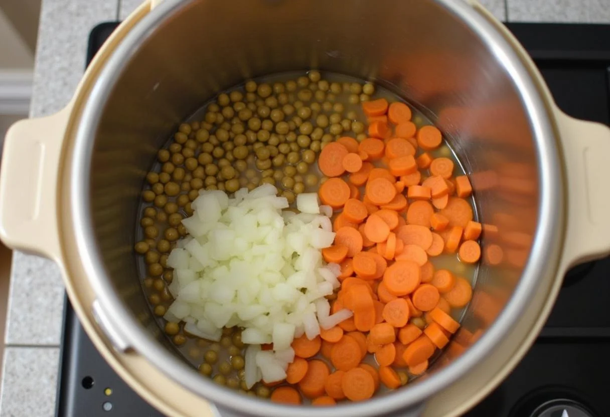 Préparation des ingrédients pour la purée de pois cassés au Cookeo : pois cassés, oignon haché et carotte hachée dans un Cookeo.