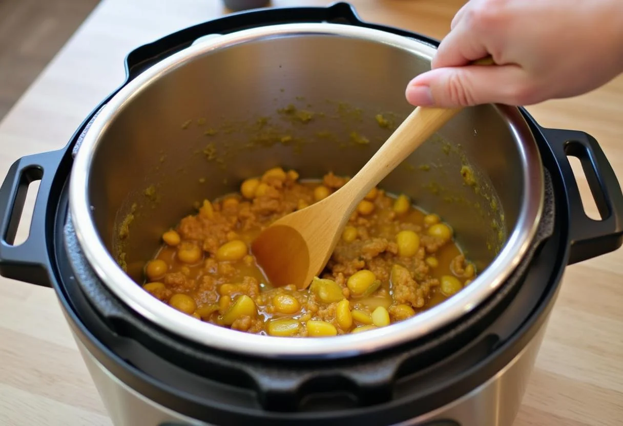Mélange des pois cassés cuits avec oignon et carotte dans le Cookeo pour la purée de pois cassés au Cookeo.