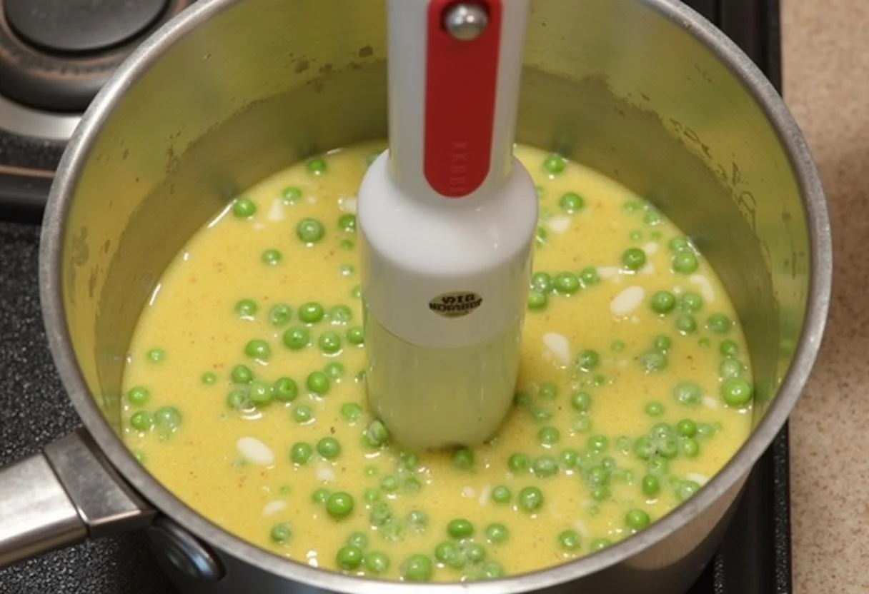 Utilisation d'un mixeur plongeant pour créer une purée lisse à partir des pois cassés cuits pour la purée de pois cassés au Cookeo.