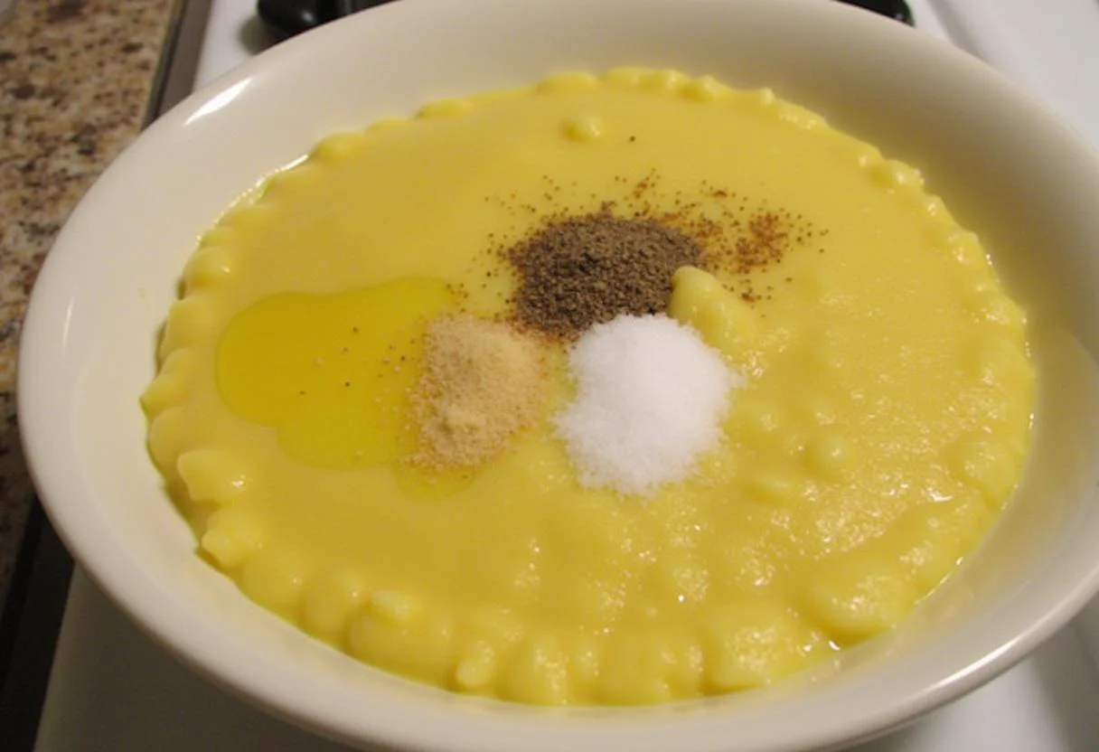 Assaisonnement de la purée de pois cassés au Cookeo avec du sel, du poivre et de l'huile d'olive pour une saveur parfaite.