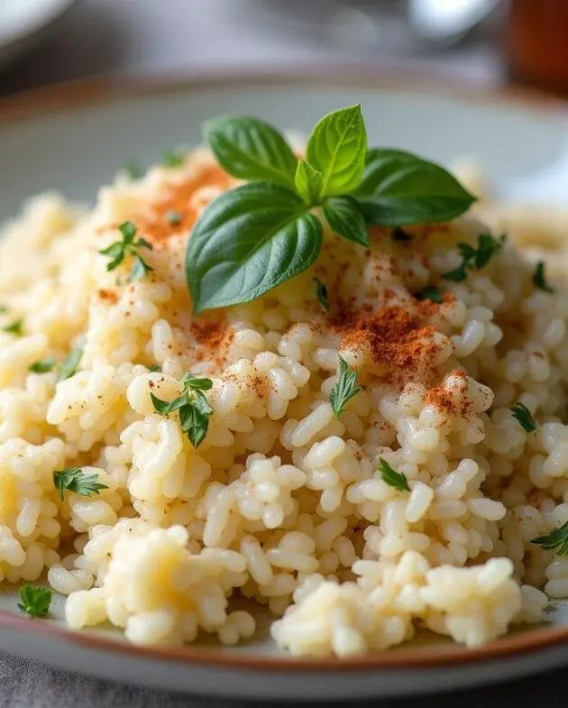 Assiette joliment présentée de riz cassé moelleux, garni d'herbes fraîches et d'épices, prête à être dégustée.