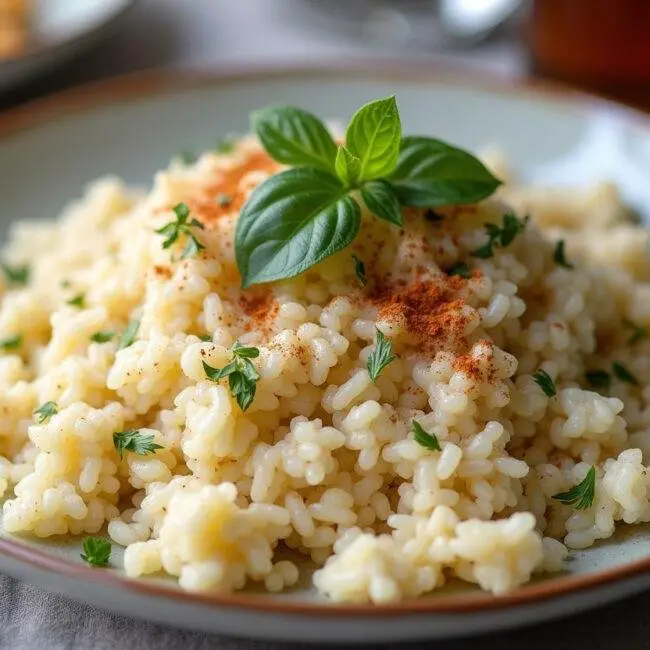 Assiette joliment présentée de riz cassé moelleux, garni d'herbes fraîches et d'épices, prête à être dégustée.
