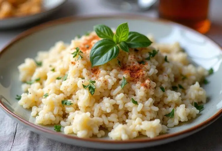 Assiette joliment présentée de riz cassé moelleux, garni d'herbes fraîches et d'épices, prête à être dégustée.