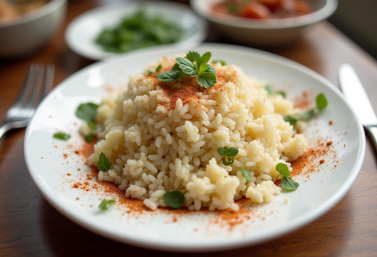 Assiette joliment présentée de riz cassé moelleux, garni d'herbes fraîches et d'épices, prête à être dégustée.