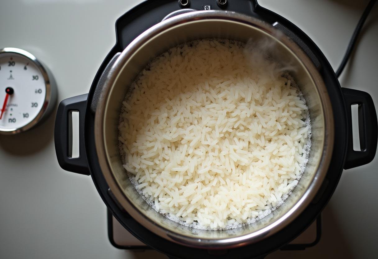 Vue aérienne de la casserole avec le riz cassé en train de cuire, montrant les bulles et la vapeur qui s'échappent.