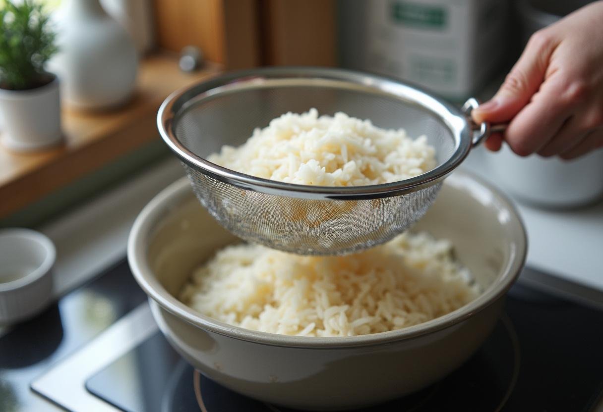 Image d'un chinois au-dessus d'un bol, égouttant le riz cassé cuit dans une cuisine bien éclairée.