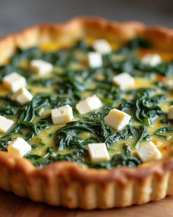 Quiche épinards et chèvre parfaitement dorée, présentée sur une planche à découper en bois.