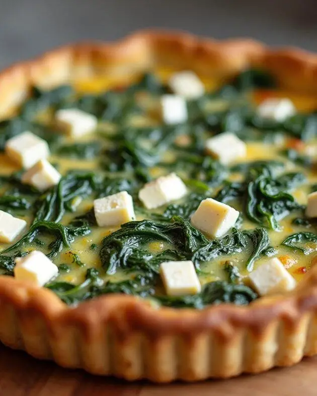 Quiche épinards et chèvre parfaitement dorée, présentée sur une planche à découper en bois.
