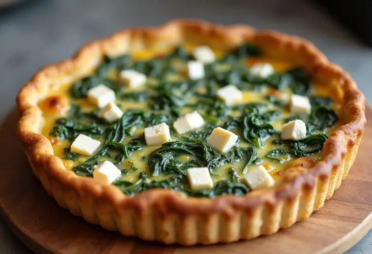 Quiche épinards et chèvre parfaitement dorée, présentée sur une planche à découper en bois.