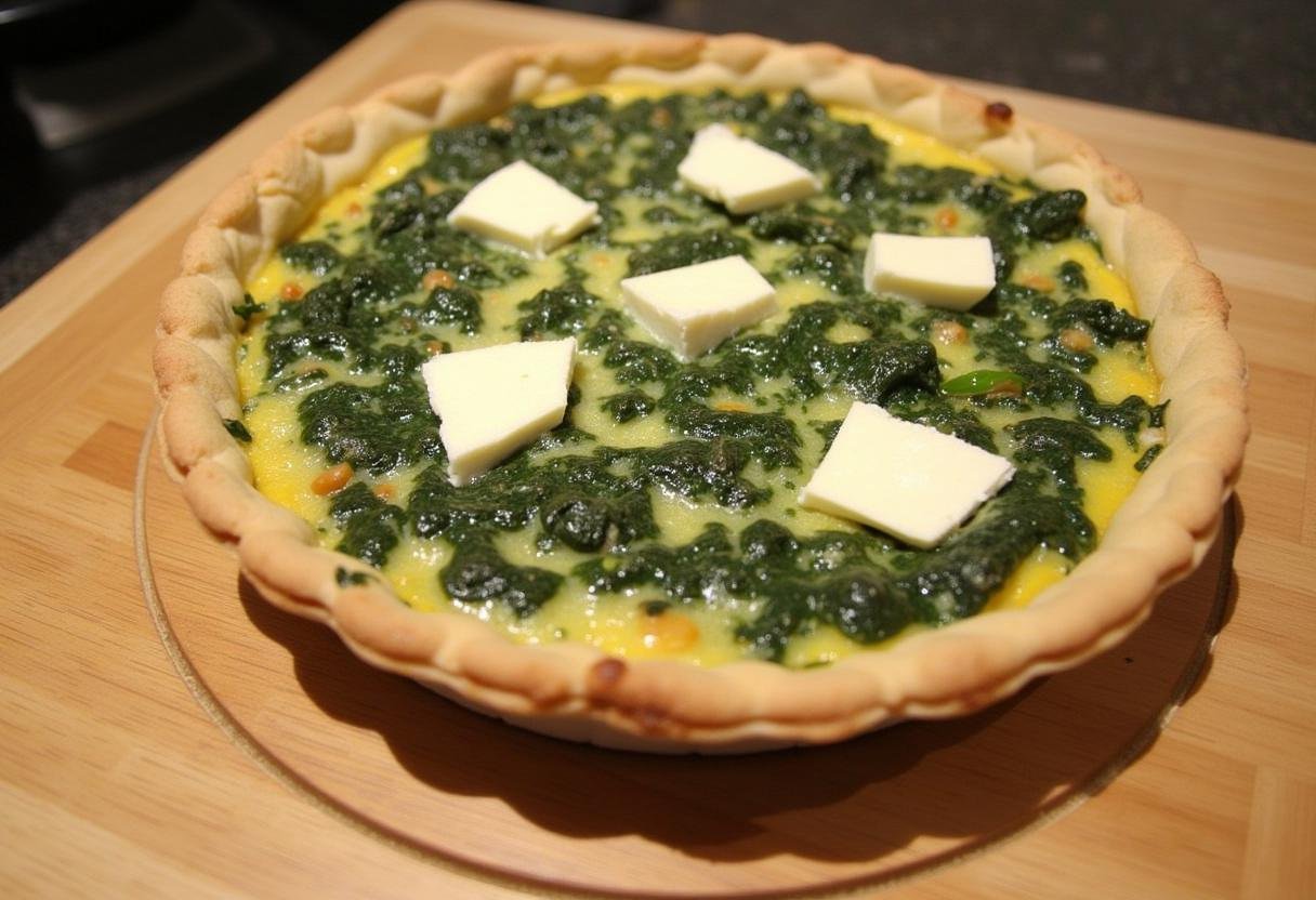 Quiche épinards et chèvre parfaitement dorée, présentée sur une planche à découper en bois.