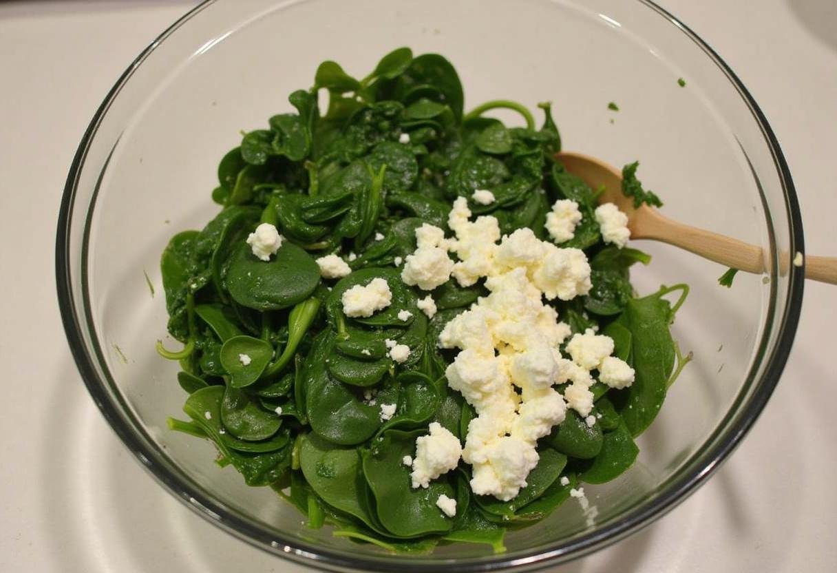 Mélange d'épinards frais avec du fromage de chèvre émietté, des œufs et de la crème pour la quiche aux épinards et chèvre.