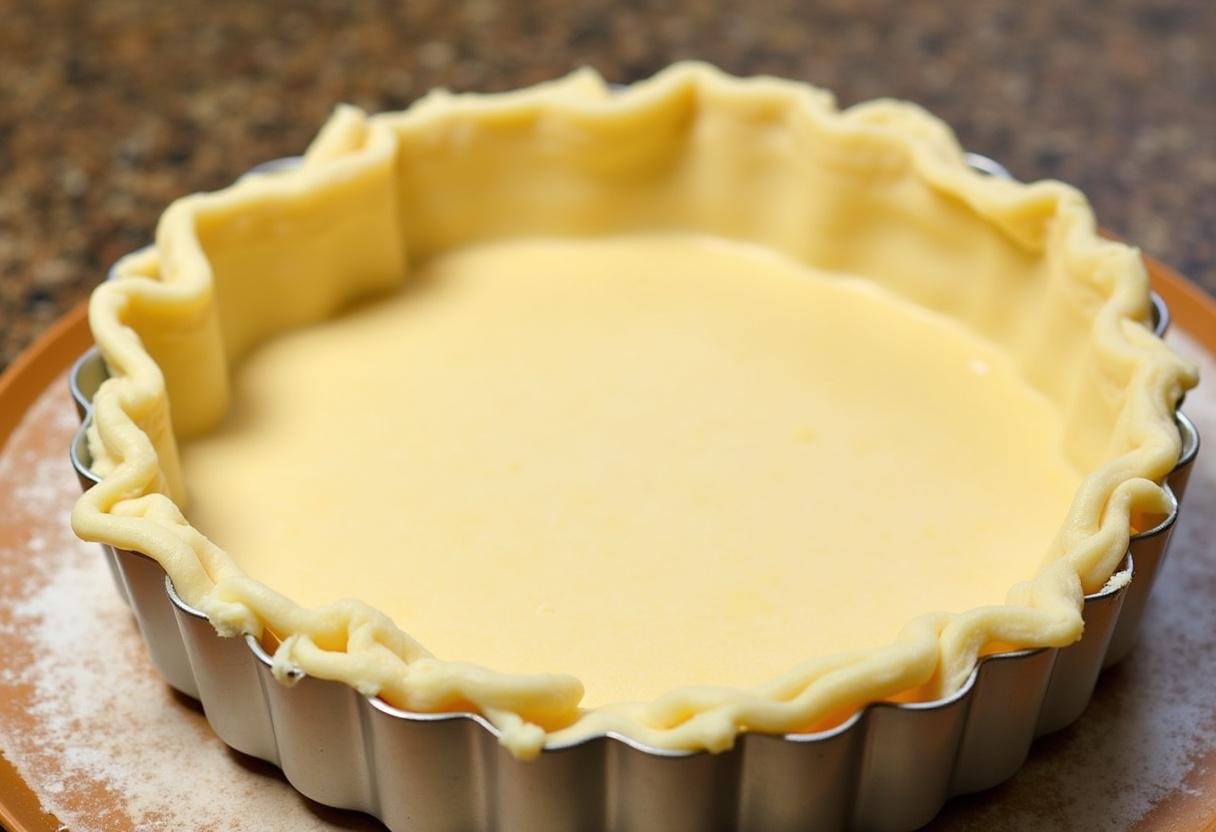Pâte à tarte étalée dans un moule à tarte pour préparer la quiche au épinard et chèvre.