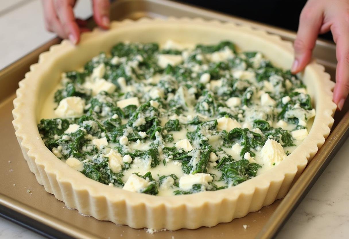 Mélange d'épinards et de fromage de chèvre versé sur la croûte de tarte pour la quiche épinards et chèvre.