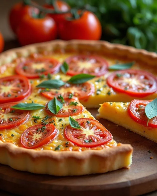 Quiche au tomate et chèvre fraîchement cuite, tranchée et présentée sur une table en bois, prête à déguster.
