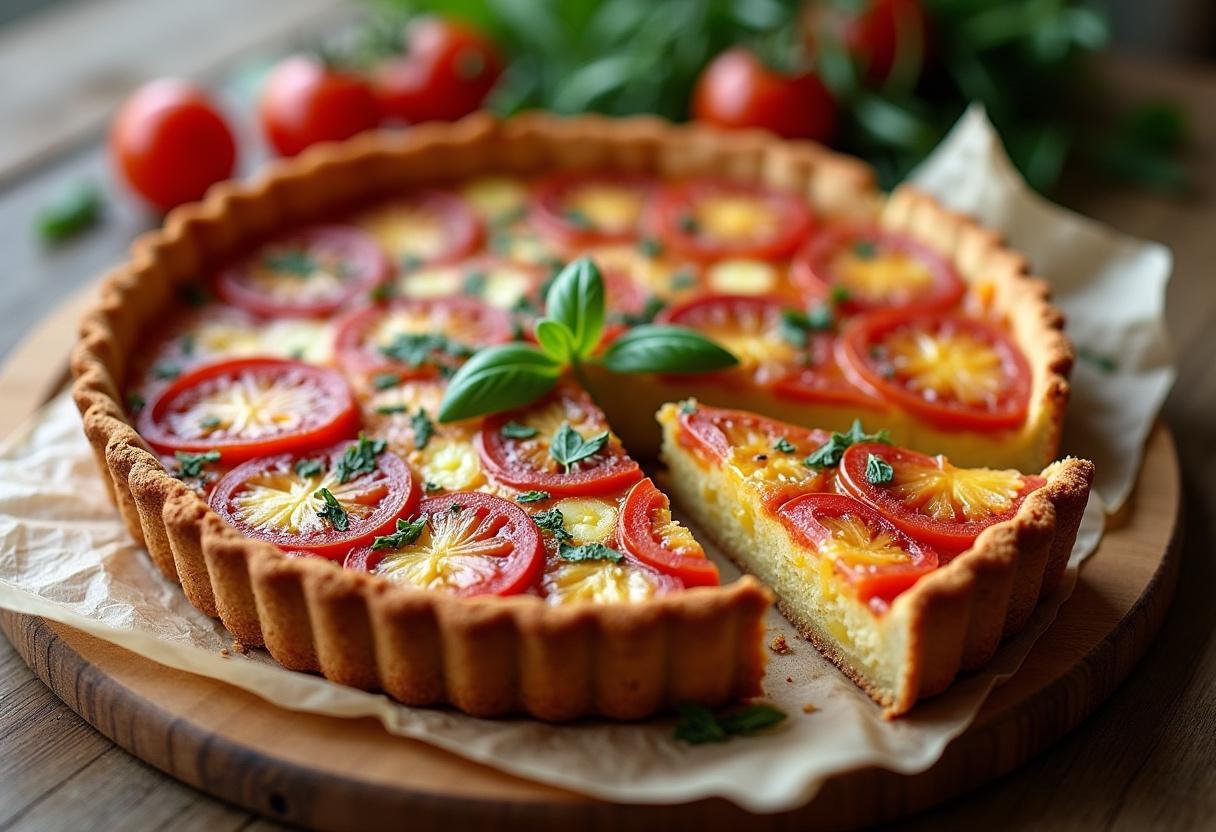 Quiche au tomate et chèvre fraîchement cuite, tranchée et présentée sur une table en bois, prête à déguster.