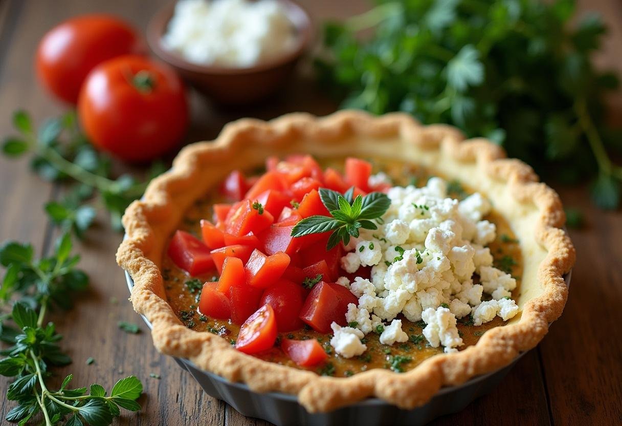 Préparation de la quiche au tomate et chèvre avec des tomates coupées et du fromage de chèvre sur une table.
