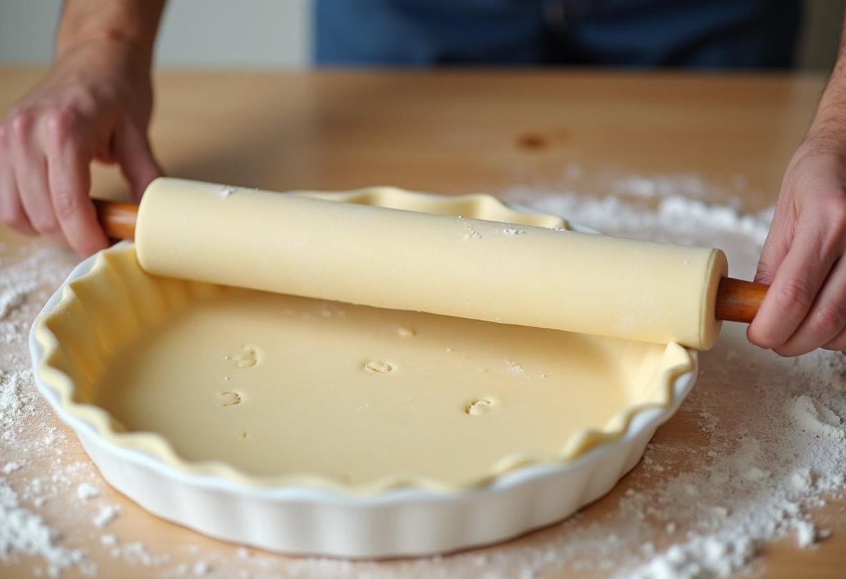 Abaisse de pâte pour la quiche au tomate et chèvre sur un plan de travail fariné, préparant la croûte.