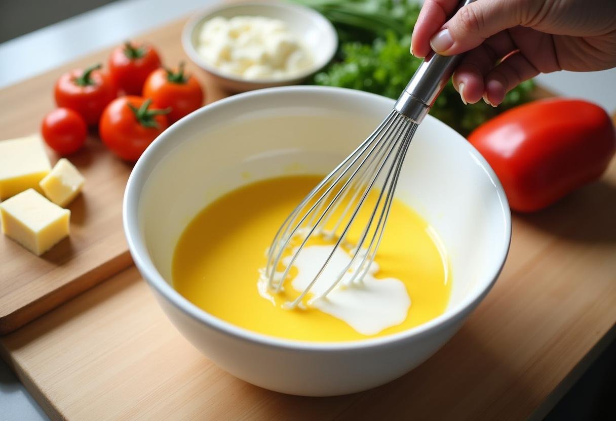 Mélange d'œufs et de crème pour la quiche au tomate et chèvre dans un saladier dans une cuisine lumineuse.