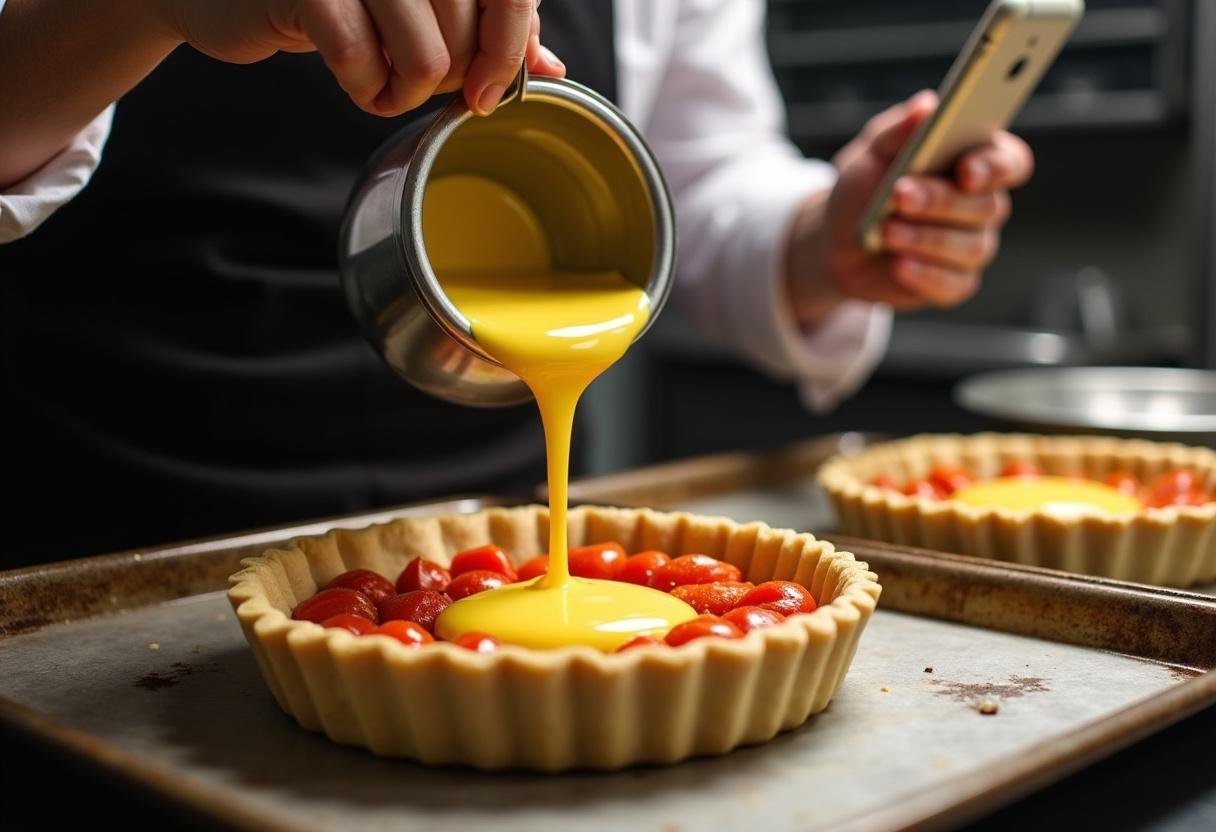 Versement du mélange d'œufs sur la farce de la quiche au tomate et chèvre dans un moule à tarte avant la cuisson.