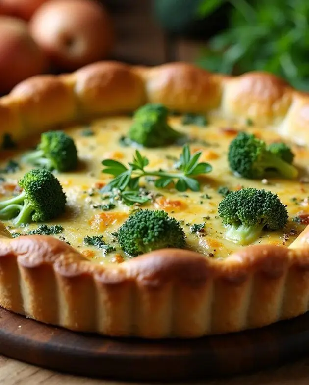 Montrer la quiche au brocoli végétarienne fraîchement cuite sur une table en bois rustique. Elle est garnie d'herbes fraîches, prête à être servie.