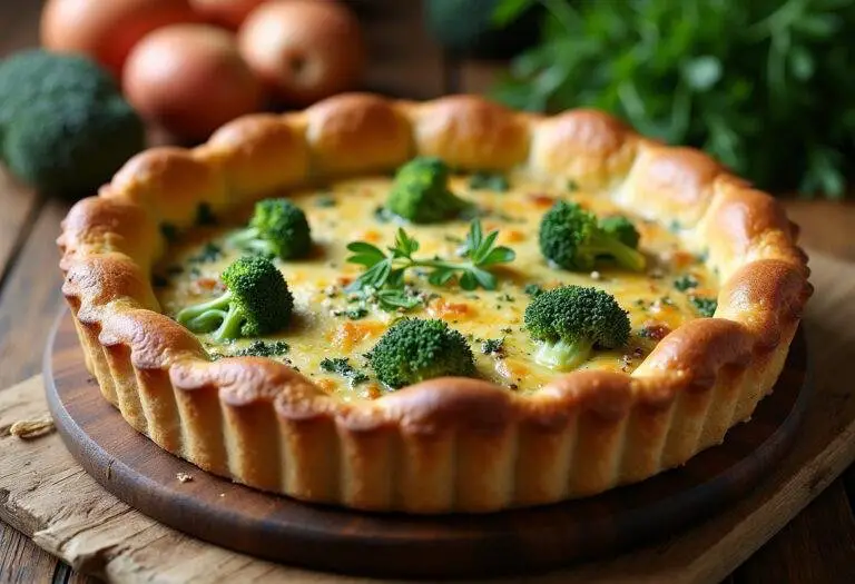 Montrer la quiche au brocoli végétarienne fraîchement cuite sur une table en bois rustique. Elle est garnie d'herbes fraîches, prête à être servie.