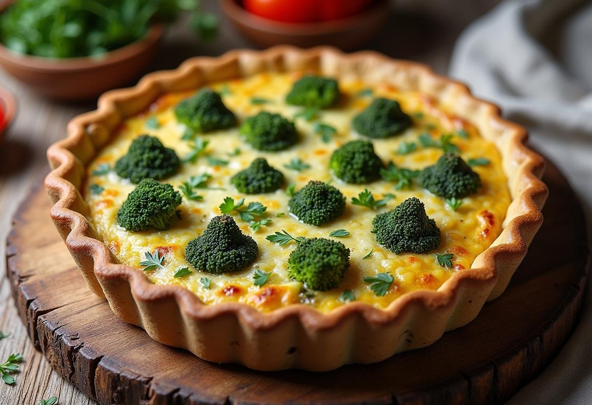Montrer la quiche au brocoli végétarienne fraîchement cuite sur une table en bois rustique. Elle est garnie d'herbes fraîches, prête à être servie.