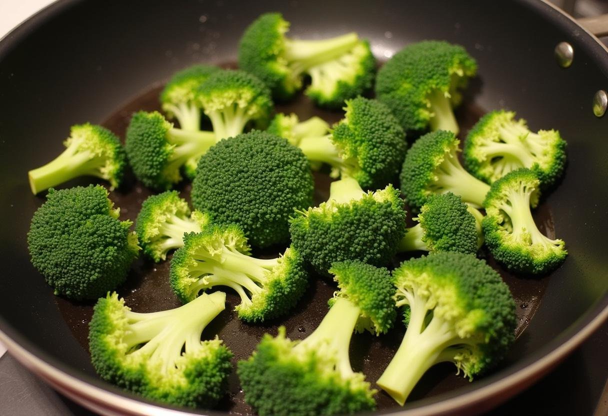 Couper les fleurs de brocoli frais et les faire sauter dans une poêle avec de l'huile d'olive pour la quiche au brocoli. Les fleurs de brocoli sont tendres et colorées.
