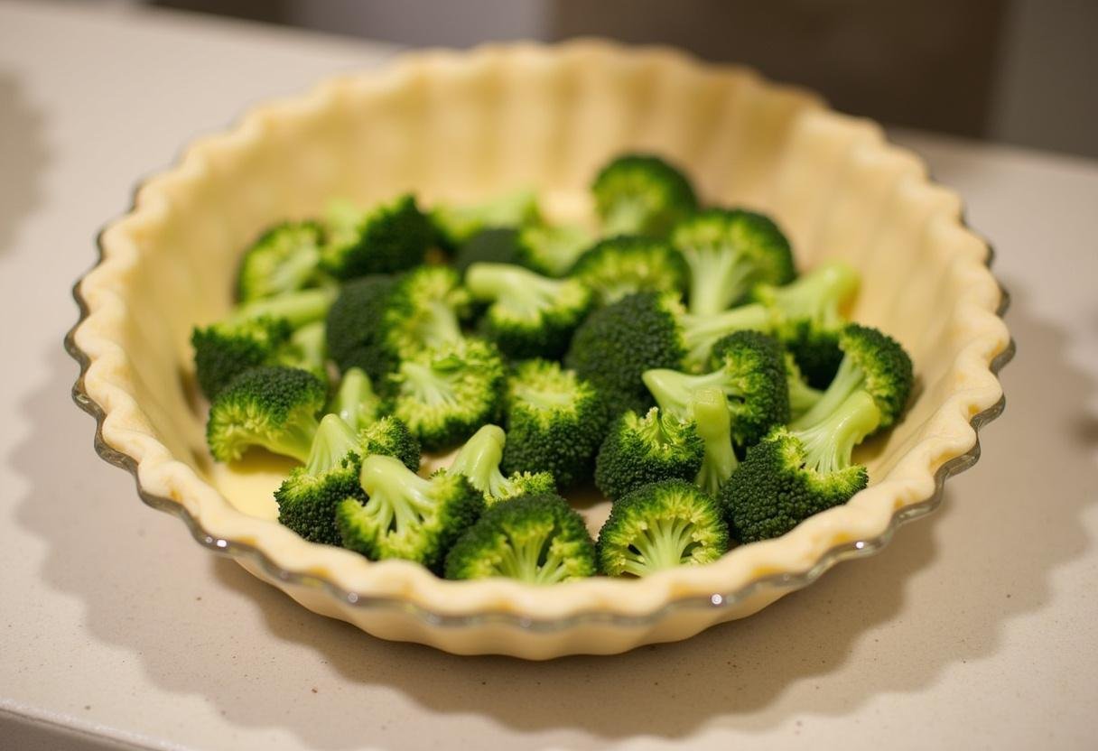 Étendre le brocoli sauté dans une croûte de tarte pour la quiche au brocoli. Le mélange est uniformément réparti, mettant en valeur la couleur verte vibrante.