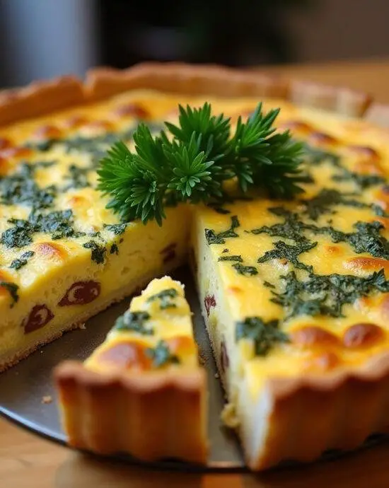 Quiche au thon et poireaux parfaitement cuite, montrant une croûte dorée et une garniture savoureuse, prête à être savourée dans un cadre délicat.