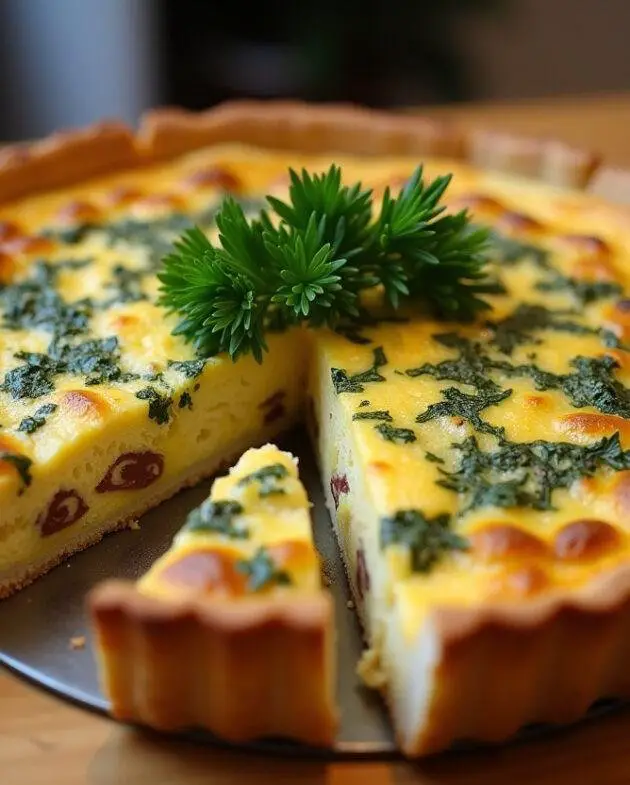 Quiche au thon et poireaux parfaitement cuite, montrant une croûte dorée et une garniture savoureuse, prête à être savourée dans un cadre délicat.