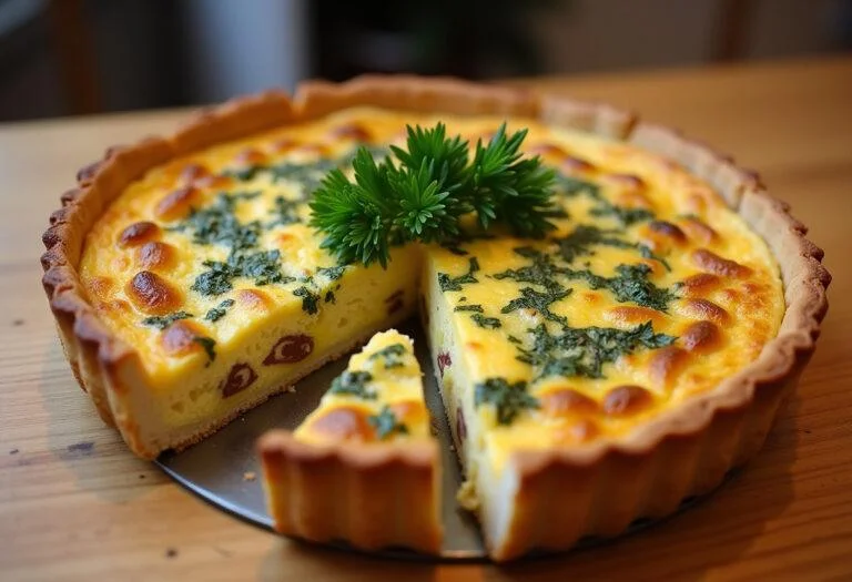 Quiche au thon et poireaux parfaitement cuite, montrant une croĂ»te dorĂ©e et une garniture savoureuse, prĂȘte Ă ĂȘtre savourĂ©e dans un cadre dĂ©licat.