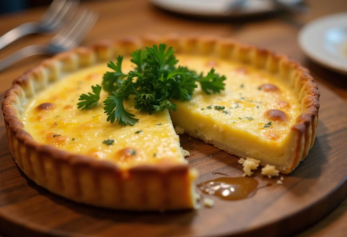 Quiche au thon et poireaux parfaitement cuite, montrant une croĂ»te dorĂ©e et une garniture savoureuse, prĂȘte Ă ĂȘtre savourĂ©e dans un cadre dĂ©licat.