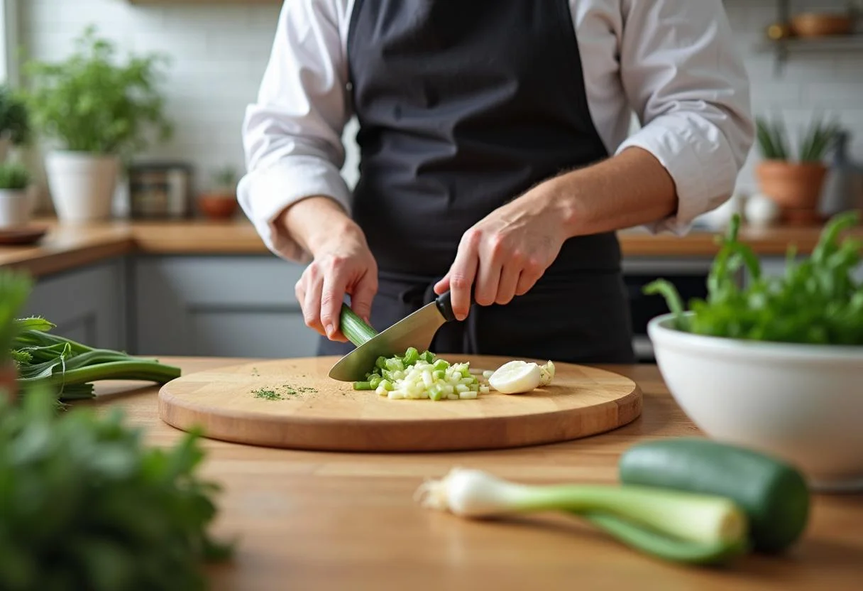 Chef en train de couper des poireaux frais sur une planche à découper, mettant en avant les ingrédients pour une délicieuse quiche au thon et poireaux.