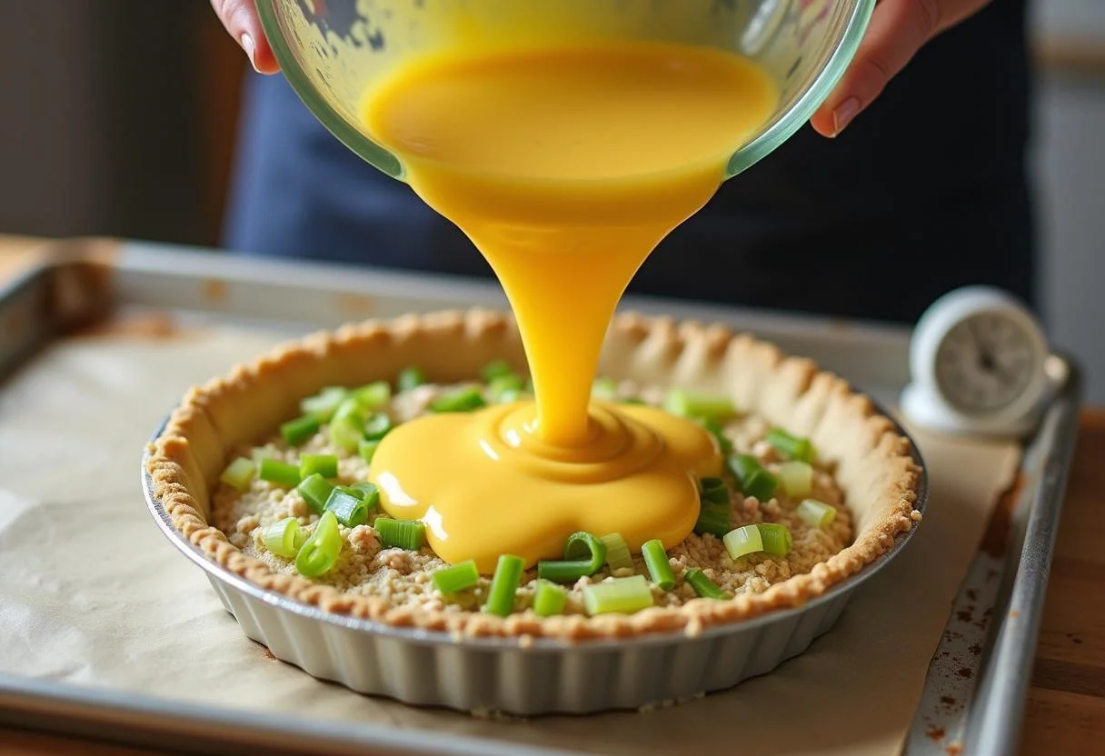 Versement du mĂ©lange d'Ćufs sur les poireaux et le thon dans une croĂ»te Ă tarte, Ă©tape clĂ© pour rĂ©ussir une quiche aux poireaux et thon.