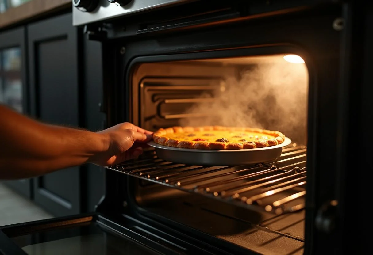 Placer la quiche au thon et poireaux dans le four pour la cuisson, une étape cruciale pour obtenir une tarte aux poireaux et au thon parfaite.