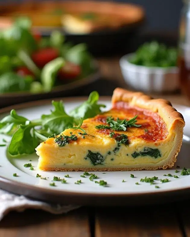Présentation d'une part de quiche aux blettes savoureuse avec des herbes fraîches, sur une table rustique avec une salade.