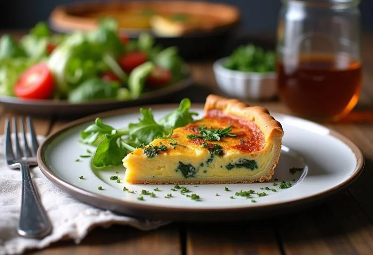 Présentation d'une part de quiche aux blettes savoureuse avec des herbes fraîches, sur une table rustique avec une salade.