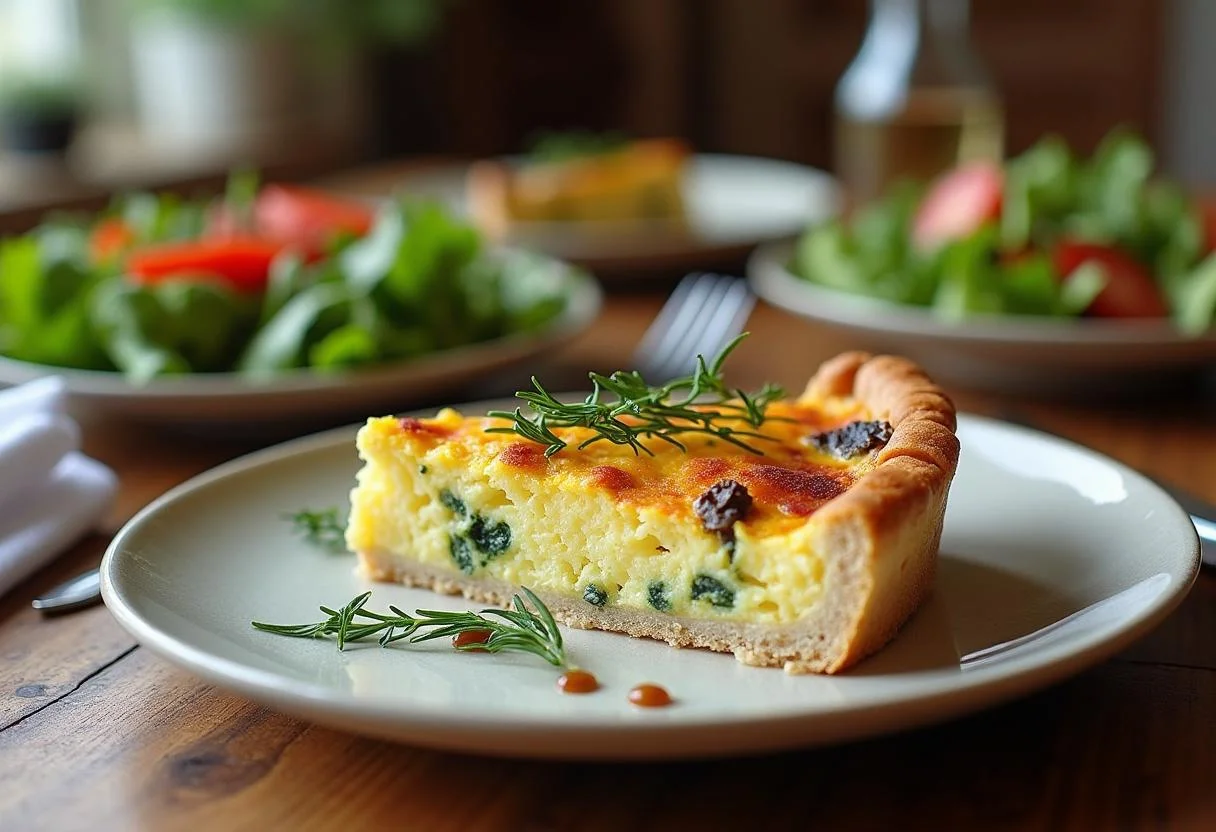 Présentation d'une part de quiche aux blettes savoureuse avec des herbes fraîches, sur une table rustique avec une salade.