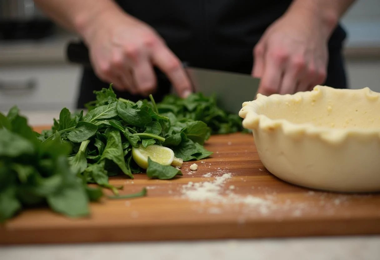 Ingrédients frais pour quiche aux blettes, y compris blettes, épinards et pâte à tarte, sur une planche à découper en bois.