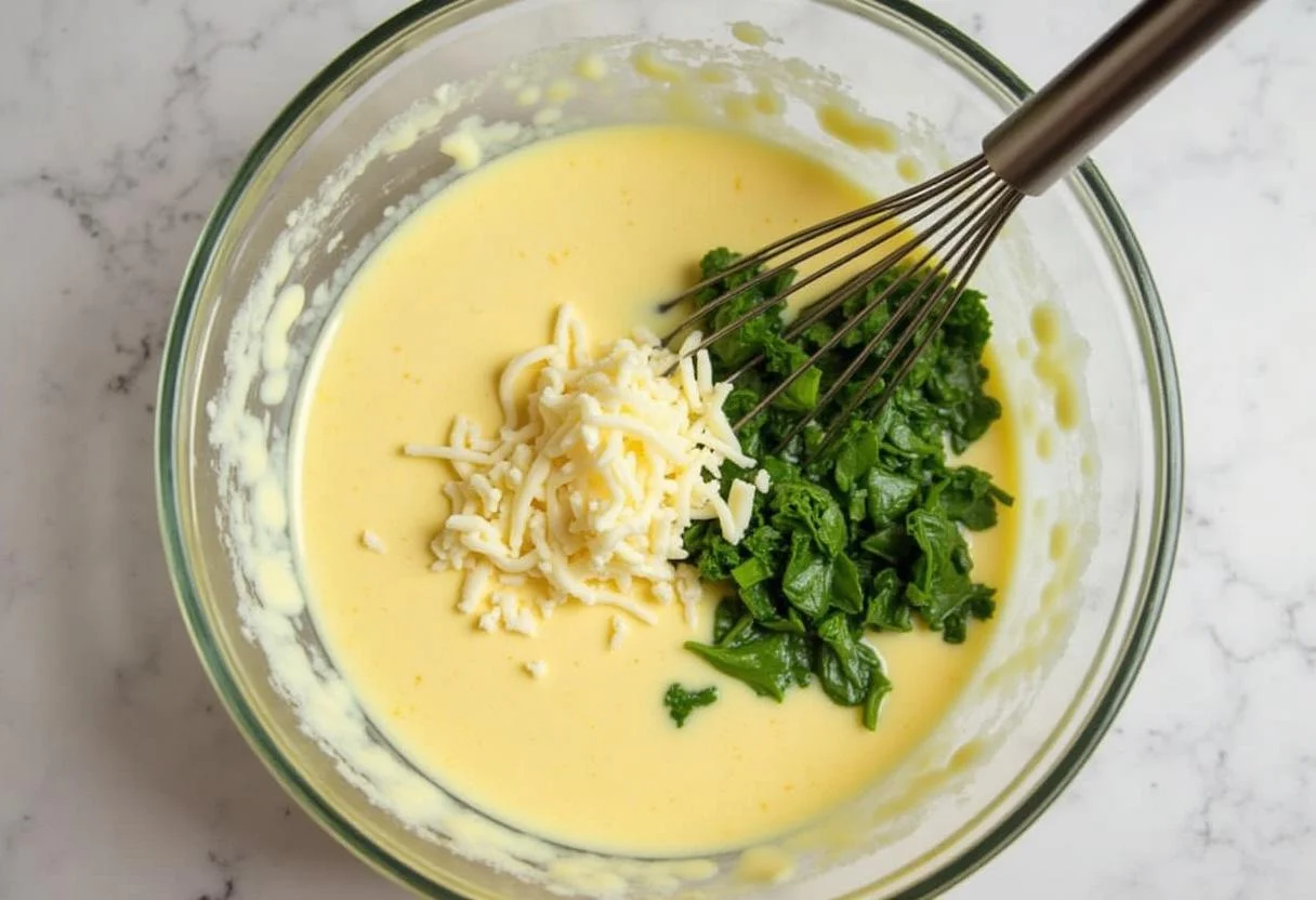 Préparation de la garniture pour tarte à la blette avec des œufs battus et de la crème, prête à être mélangée avec les légumes.
