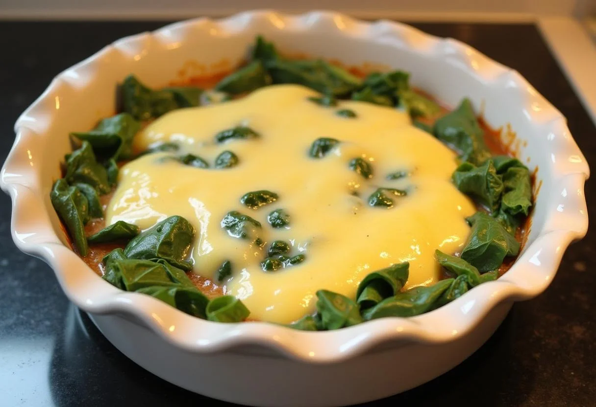 Tarte à la blette préparée dans un plat en céramique, avec blettes, fromage et mélange crémeux, avant la cuisson.