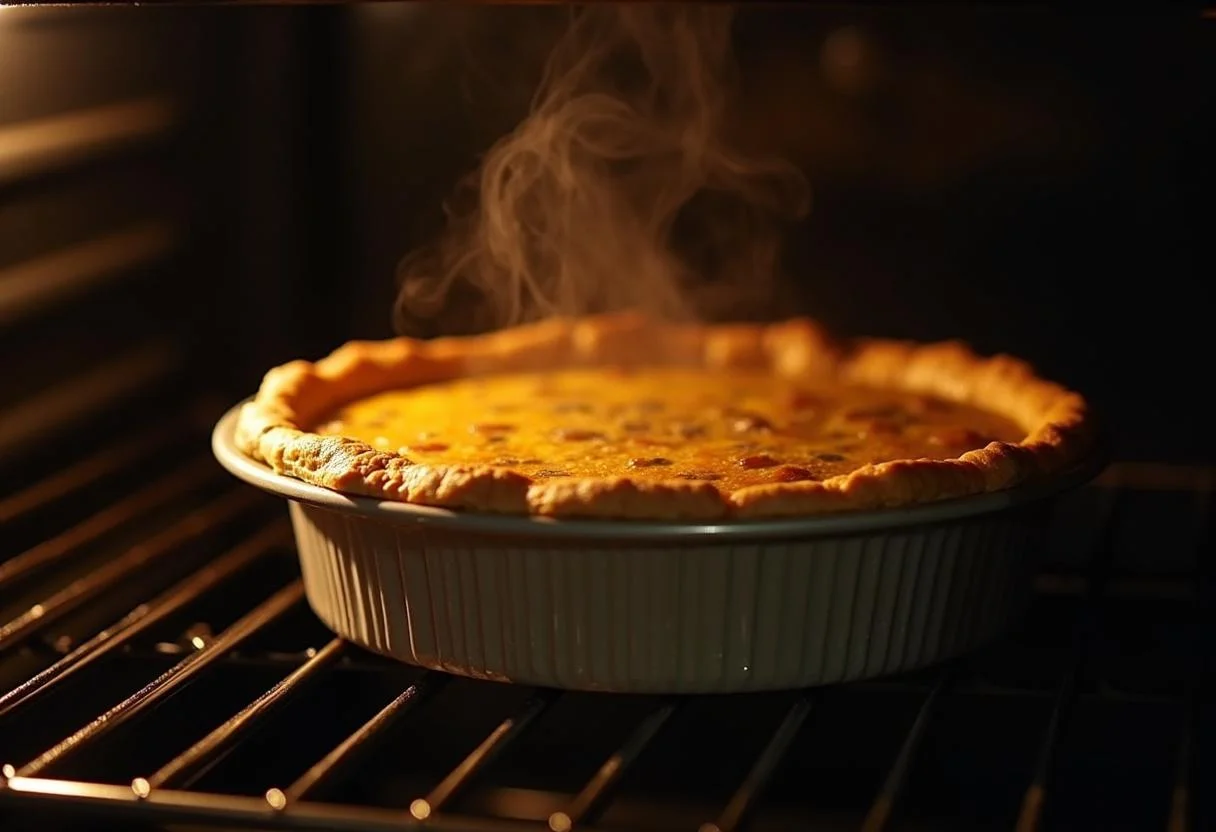 Quiche aux blettes dorée et bien cuite sortant du four, créant une ambiance appétissante dans la cuisine.